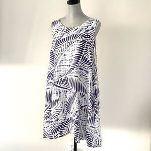 Tahari Women's XL 100% Linen Tank Mini Dress Blue White Tropical Print Vacation